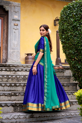 Royal Blue Elegant Poly Cotton Zari Weaving Stitched Lehenga Choli with Georgette Lace-Border Dupatta Premium Festive & Wedding Wear ClothsVilla