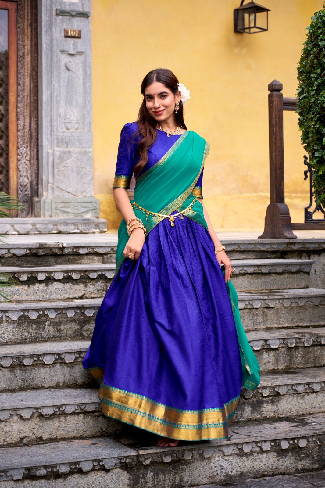 Royal Blue Elegant Poly Cotton Zari Weaving Stitched Lehenga Choli with Georgette Lace-Border Dupatta Premium Festive & Wedding Wear ClothsVilla Main image