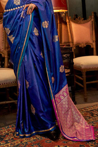 Royal Blue Elegant Satin Silk Saree – Evening Cocktail & Dinner Party Wear ClothsVilla