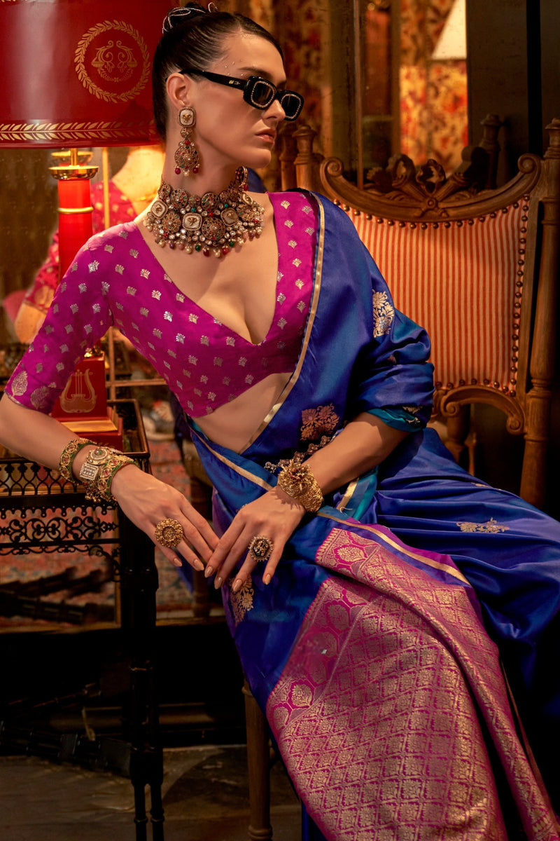 Royal Blue Elegant Satin Silk Saree – Evening Cocktail & Dinner Party Wear ClothsVilla