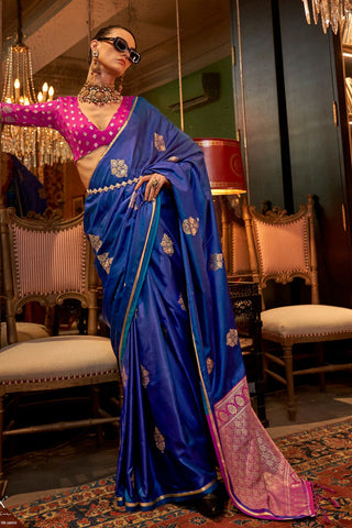 Royal Blue Elegant Satin Silk Saree – Evening Cocktail & Dinner Party Wear ClothsVilla