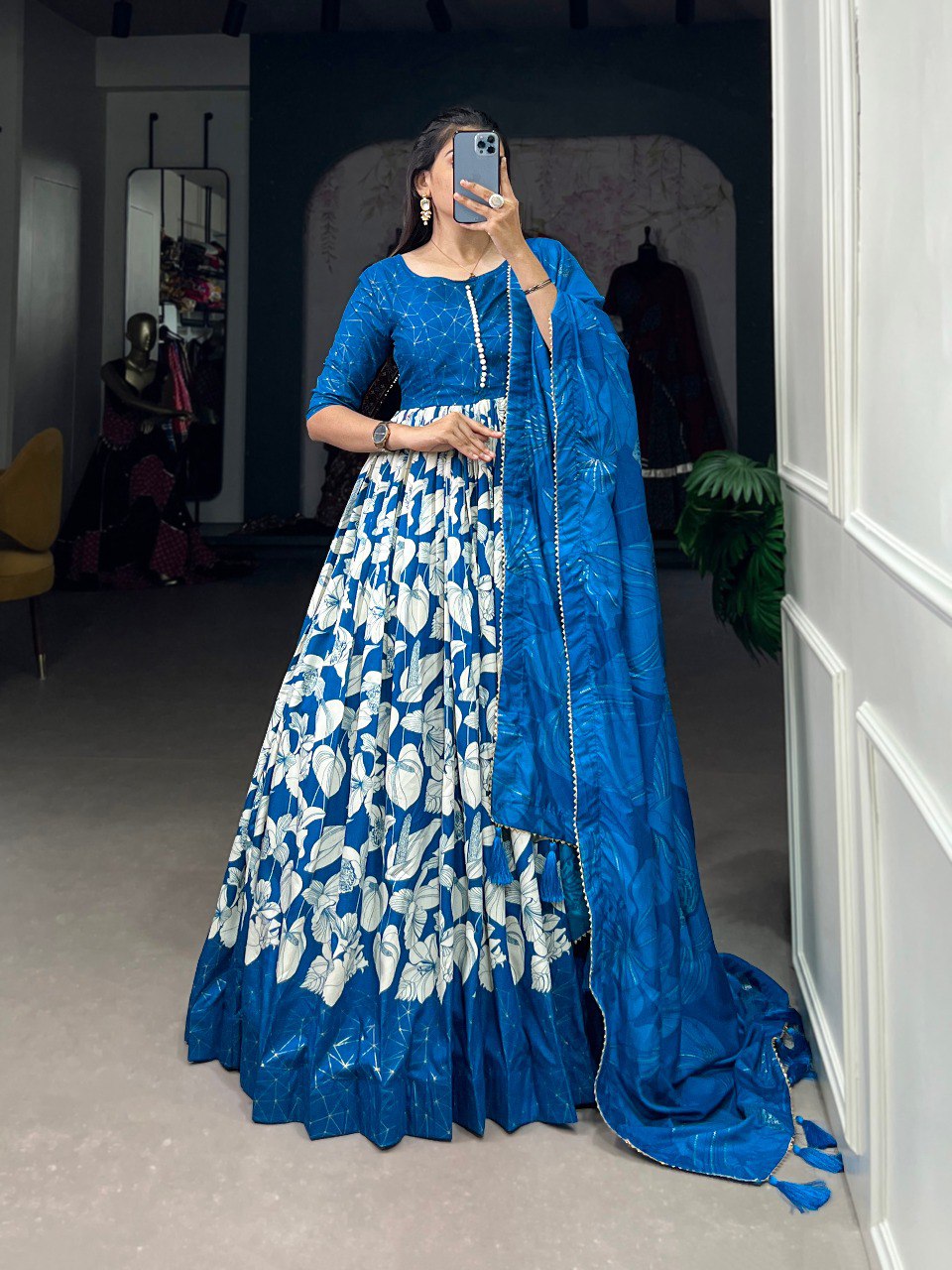 Royal Blue Elegant Tussar Silk Ready-to-Wear Gown with Dupatta Main image