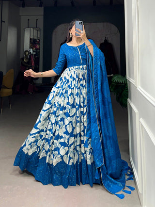 Royal Blue Elegant Tussar Silk Ready-to-Wear Gown with Dupatta