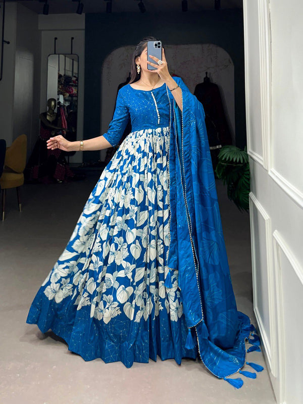 Royal Blue Elegant Tussar Silk Ready-to-Wear Gown with Dupatta