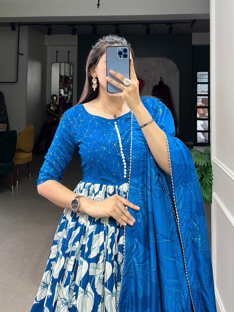 Royal Blue Elegant Tussar Silk Ready-to-Wear Gown with Dupatta
