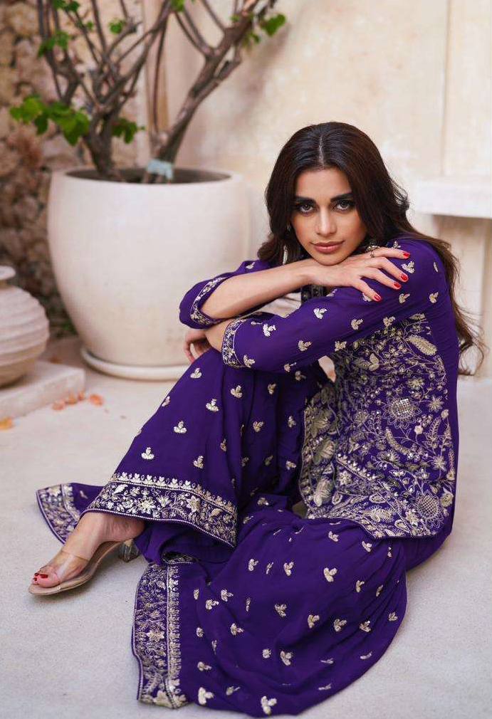 Royal Blue Embroidered Georgette Kurta Set ClothsVilla