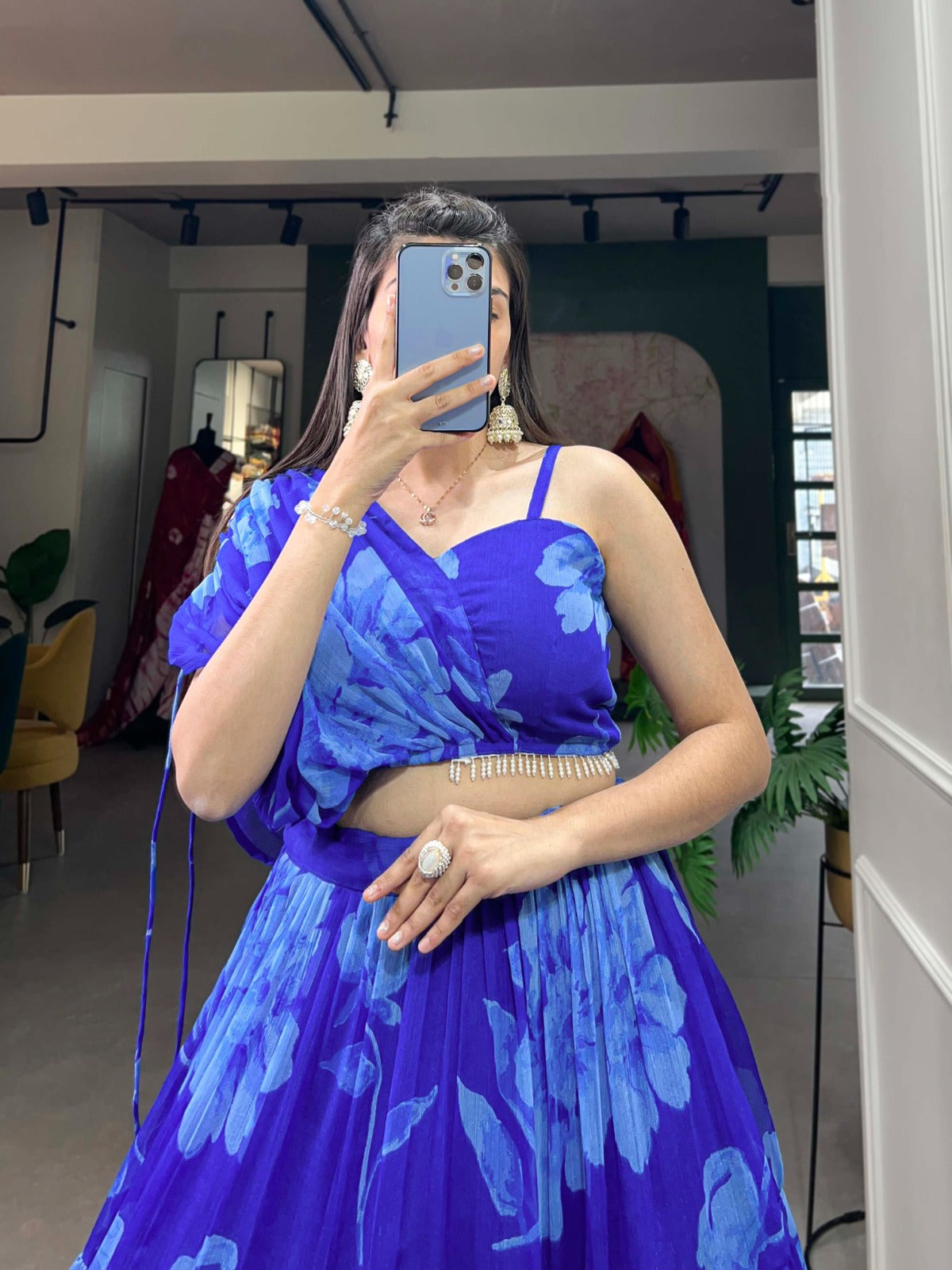 Royal Blue Floral Chiffon Lehenga Co-ord Set ClothsVilla