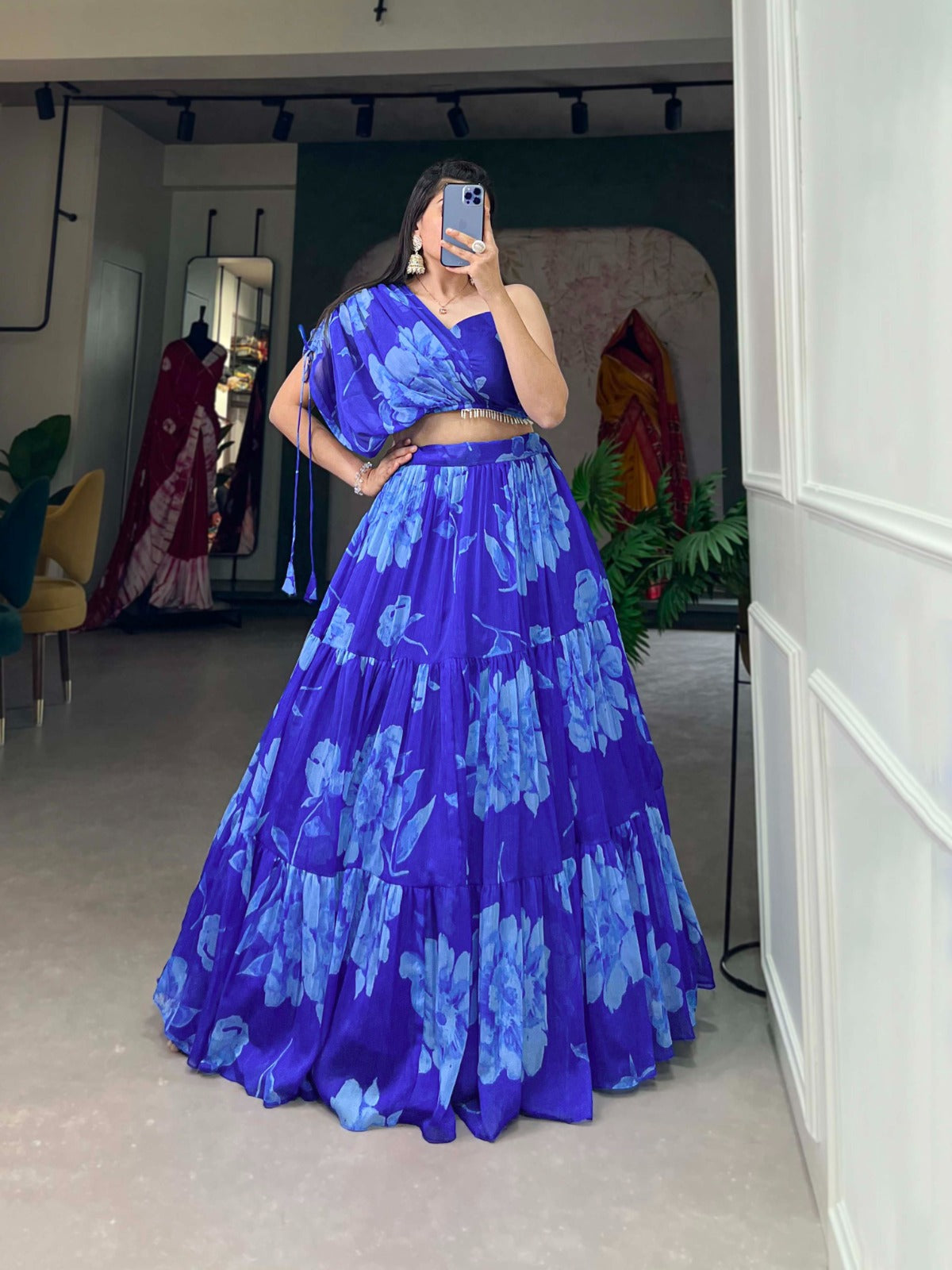 Royal Blue Floral Chiffon Lehenga Co-ord Set ClothsVilla