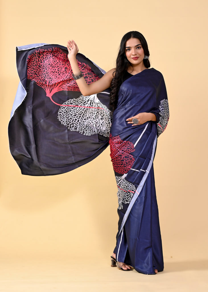 Royal Blue Floral Digital Printed Heavy Satin Silk Saree with Silk Blouse ClothsVilla