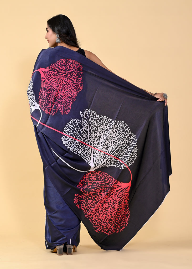 Royal Blue Floral Digital Printed Heavy Satin Silk Saree with Silk Blouse ClothsVilla