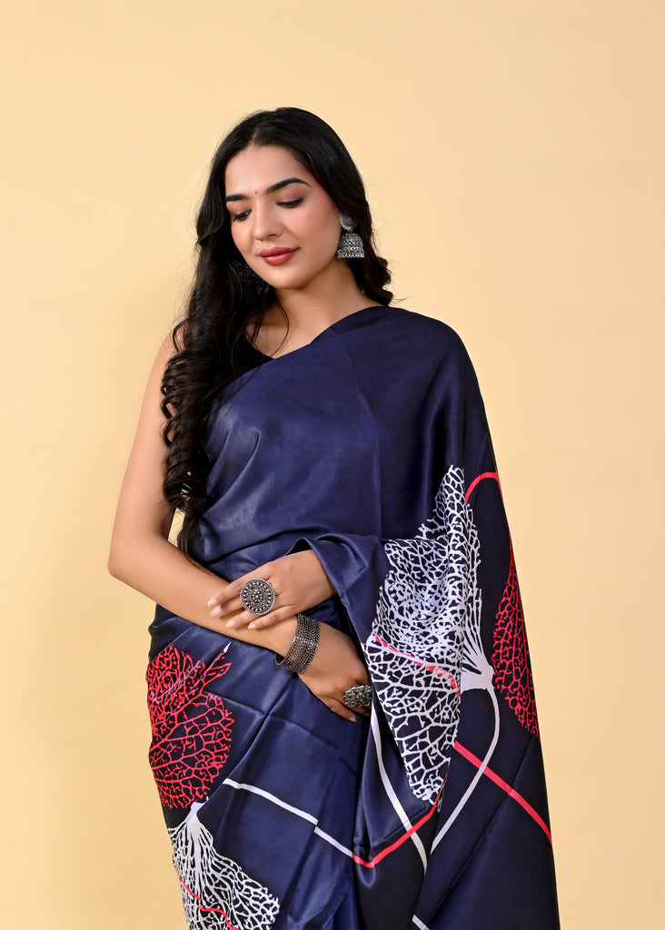 Royal Blue Floral Digital Printed Heavy Satin Silk Saree with Silk Blouse ClothsVilla