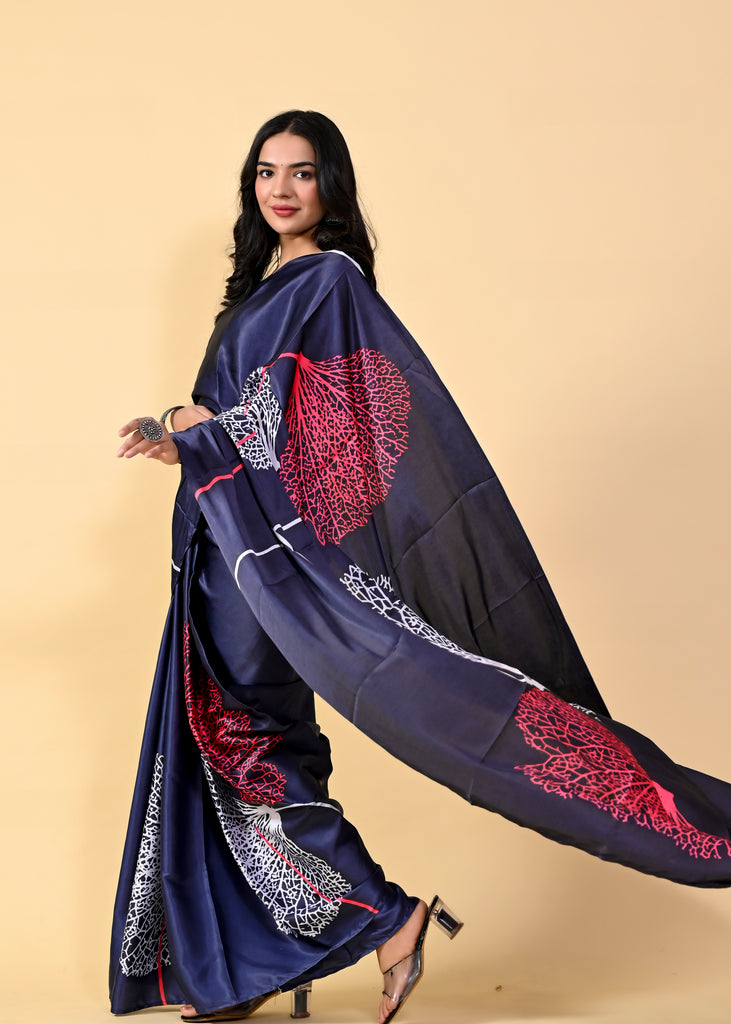 Royal Blue Floral Digital Printed Heavy Satin Silk Saree with Silk Blouse ClothsVilla