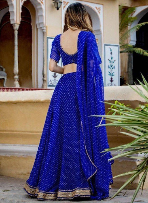 Royal Blue Georgette Printed Lehenga Choli Set with Gota Patti Work & Lace Border Dupatta ClothsVilla
