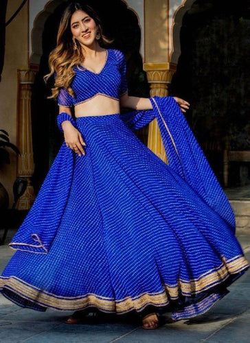 Royal Blue Georgette Printed Lehenga Choli Set with Gota Patti Work & Lace Border Dupatta ClothsVilla