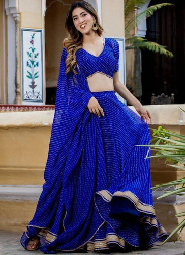 Royal Blue Georgette Printed Lehenga Choli Set with Gota Patti Work & Lace Border Dupatta ClothsVilla