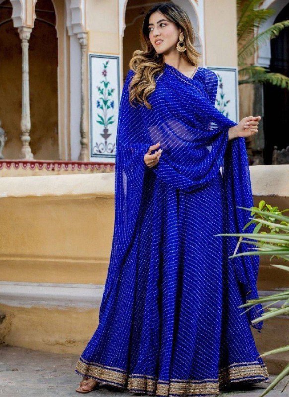 Royal Blue Georgette Printed Lehenga Choli Set with Gota Patti Work & Lace Border Dupatta ClothsVilla