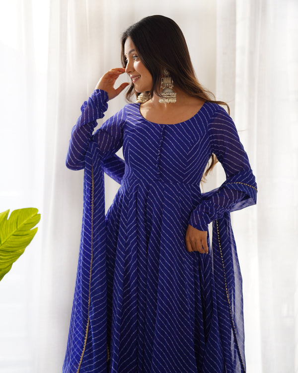 Royal Blue High-End Pure Fox Georgette Laheriya Print Anarkali Set with Dupatta – Perfect for Summer Weddings