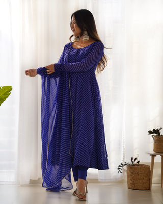 Royal Blue High-End Pure Fox Georgette Laheriya Print Anarkali Set with Dupatta – Perfect for Summer Weddings