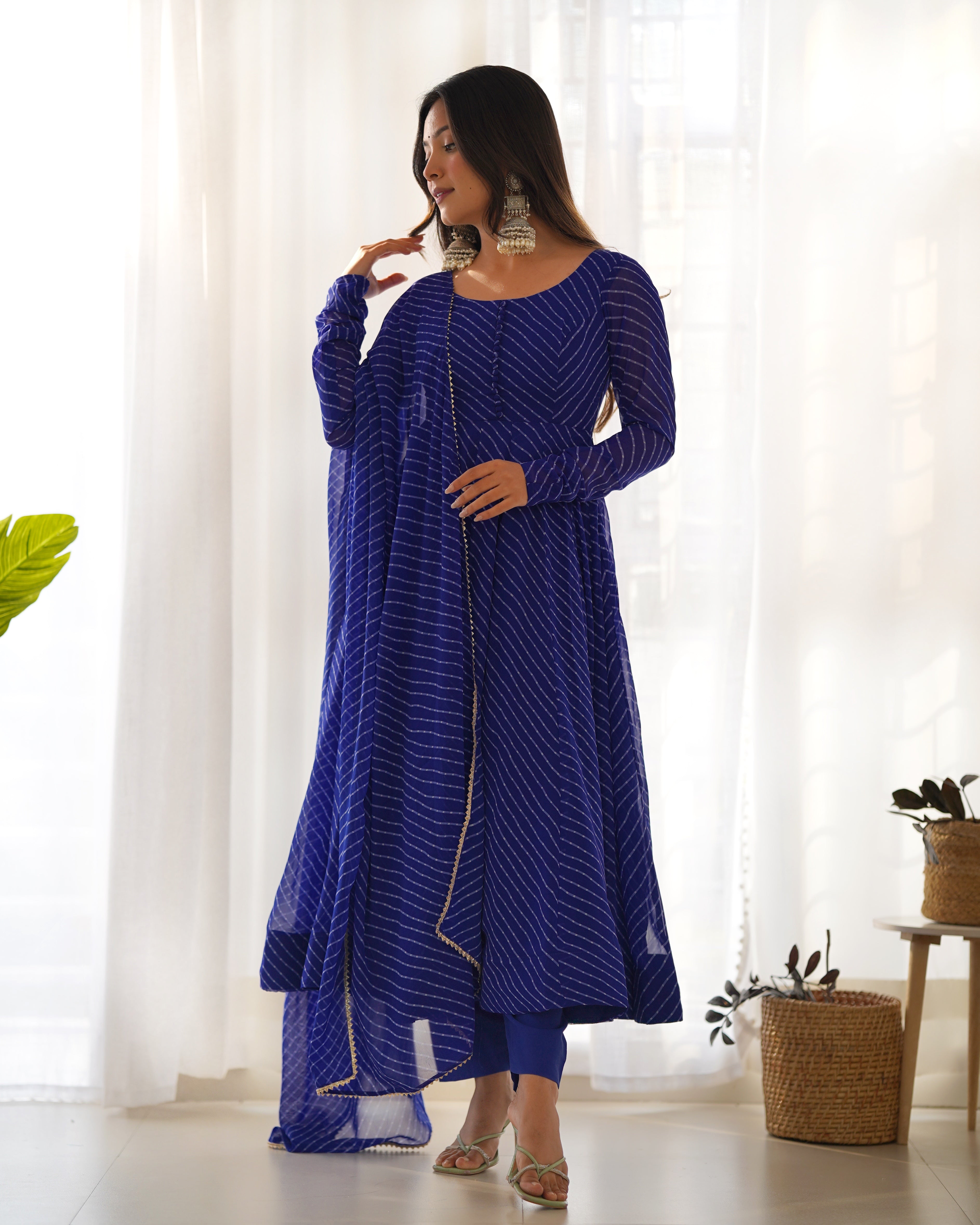 Royal Blue High-End Pure Fox Georgette Laheriya Print Anarkali Set with Dupatta – Perfect for Summer Weddings Main image
