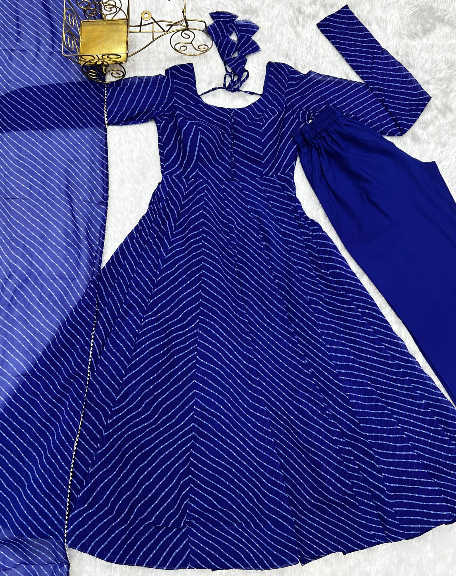 Royal Blue High-End Pure Fox Georgette Laheriya Print Anarkali Set with Dupatta – Perfect for Summer Weddings
