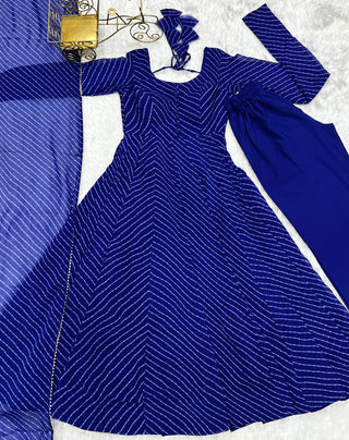 Royal Blue High-End Pure Fox Georgette Laheriya Print Anarkali Set with Dupatta – Perfect for Summer Weddings