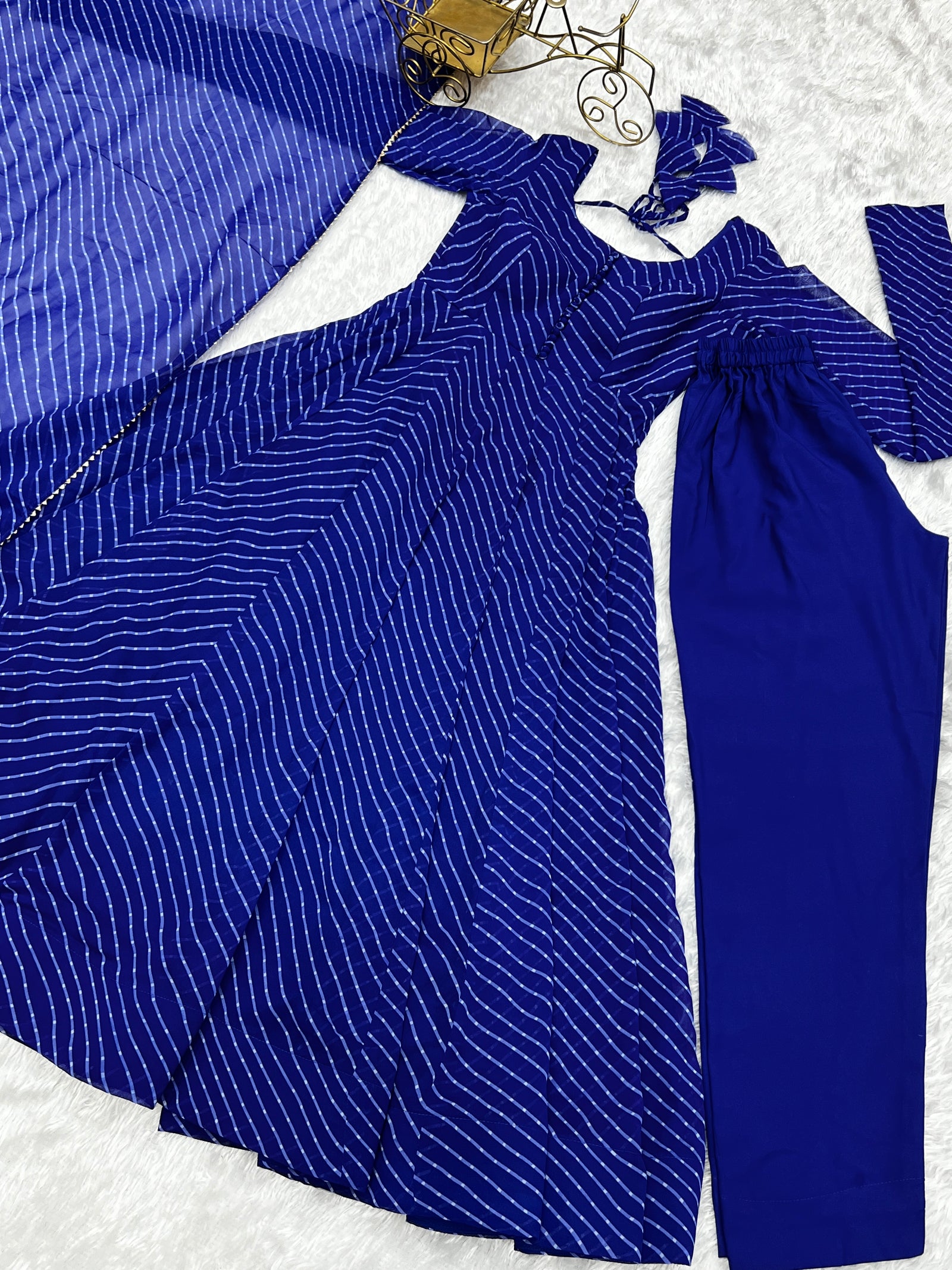 Royal Blue High-End Pure Fox Georgette Laheriya Print Anarkali Set with Dupatta – Perfect for Summer Weddings