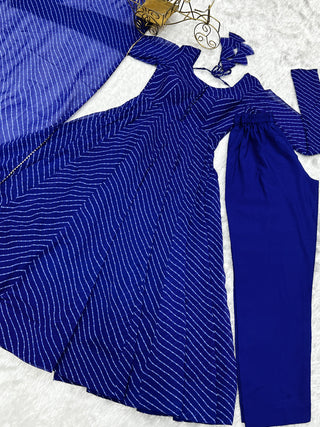 Royal Blue High-End Pure Fox Georgette Laheriya Print Anarkali Set with Dupatta – Perfect for Summer Weddings