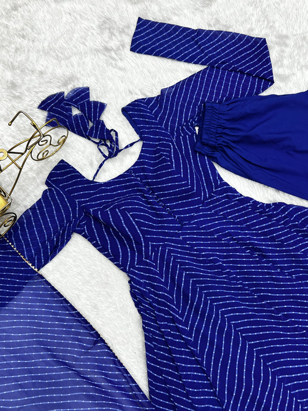 Royal Blue High-End Pure Fox Georgette Laheriya Print Anarkali Set with Dupatta – Perfect for Summer Weddings