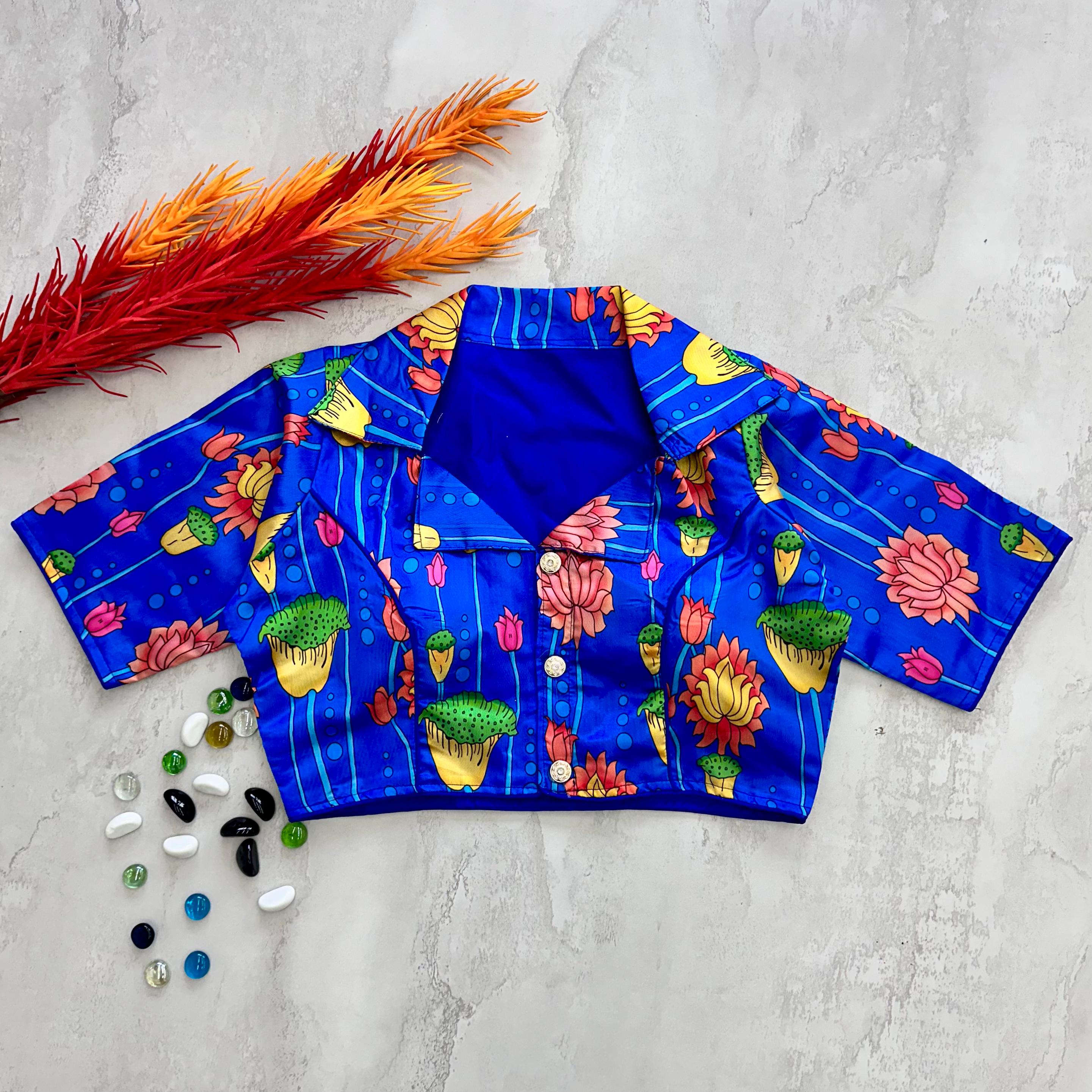 Royal Blue Kalamkari Print Blouse in Chilly Silk ClothsVilla Main image