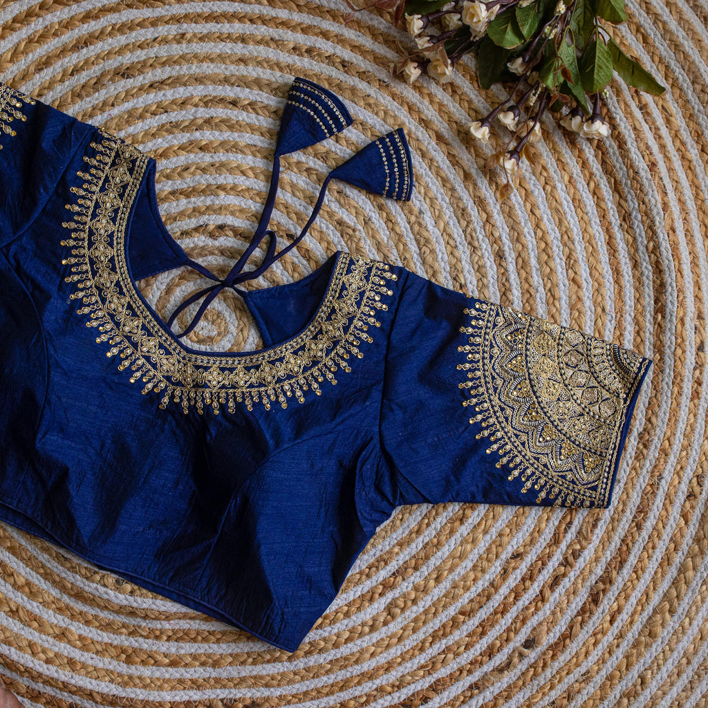 Royal Blue Luxurious Lucknowi Silk Blouse with Golden Embroidery and Sequins ClothsVilla