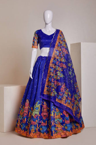 Royal Blue Luxury Heavy Silk Lehenga Set with Embroidery, Sequins & Printed Detailing ClothsVilla