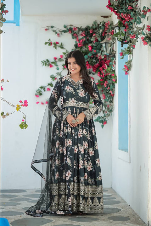 Royal Blue Premium Designer Chinon Silk Printed Gown with Sequence Work Clothsvilla Main image