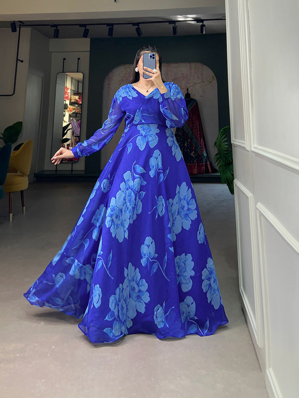 Royal Blue Ready-to-Wear Chiffon Gown with Floral Print ClothsVilla