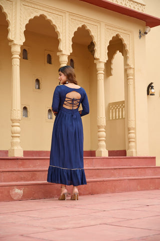 Royal Blue Reyon Kurti with Kutchi Gamthi Work ClothsVilla