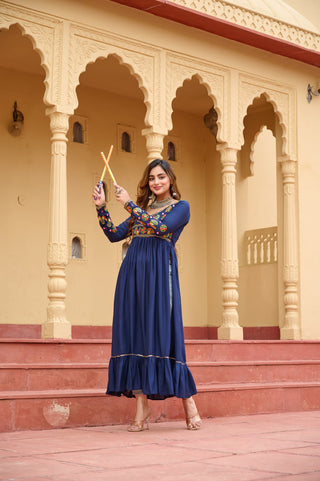 Royal Blue Reyon Kurti with Kutchi Gamthi Work ClothsVilla
