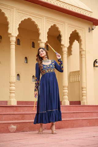 Royal Blue Reyon Kurti with Kutchi Gamthi Work ClothsVilla