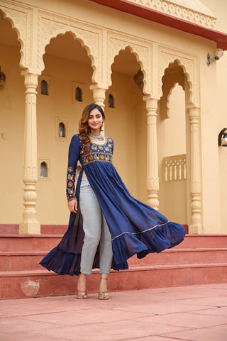 Royal Blue Reyon Kurti with Kutchi Gamthi Work ClothsVilla