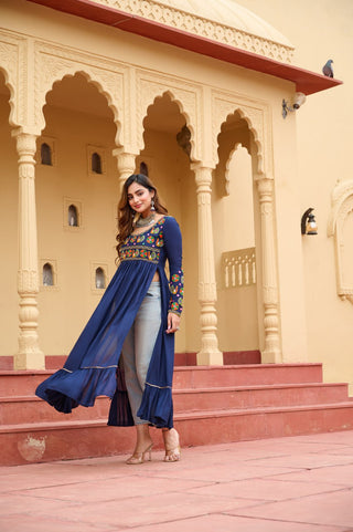 Royal Blue Reyon Kurti with Kutchi Gamthi Work ClothsVilla