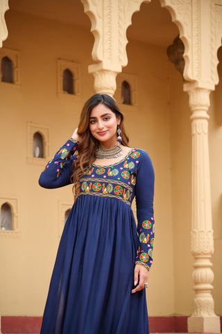 Royal Blue Reyon Kurti with Kutchi Gamthi Work ClothsVilla