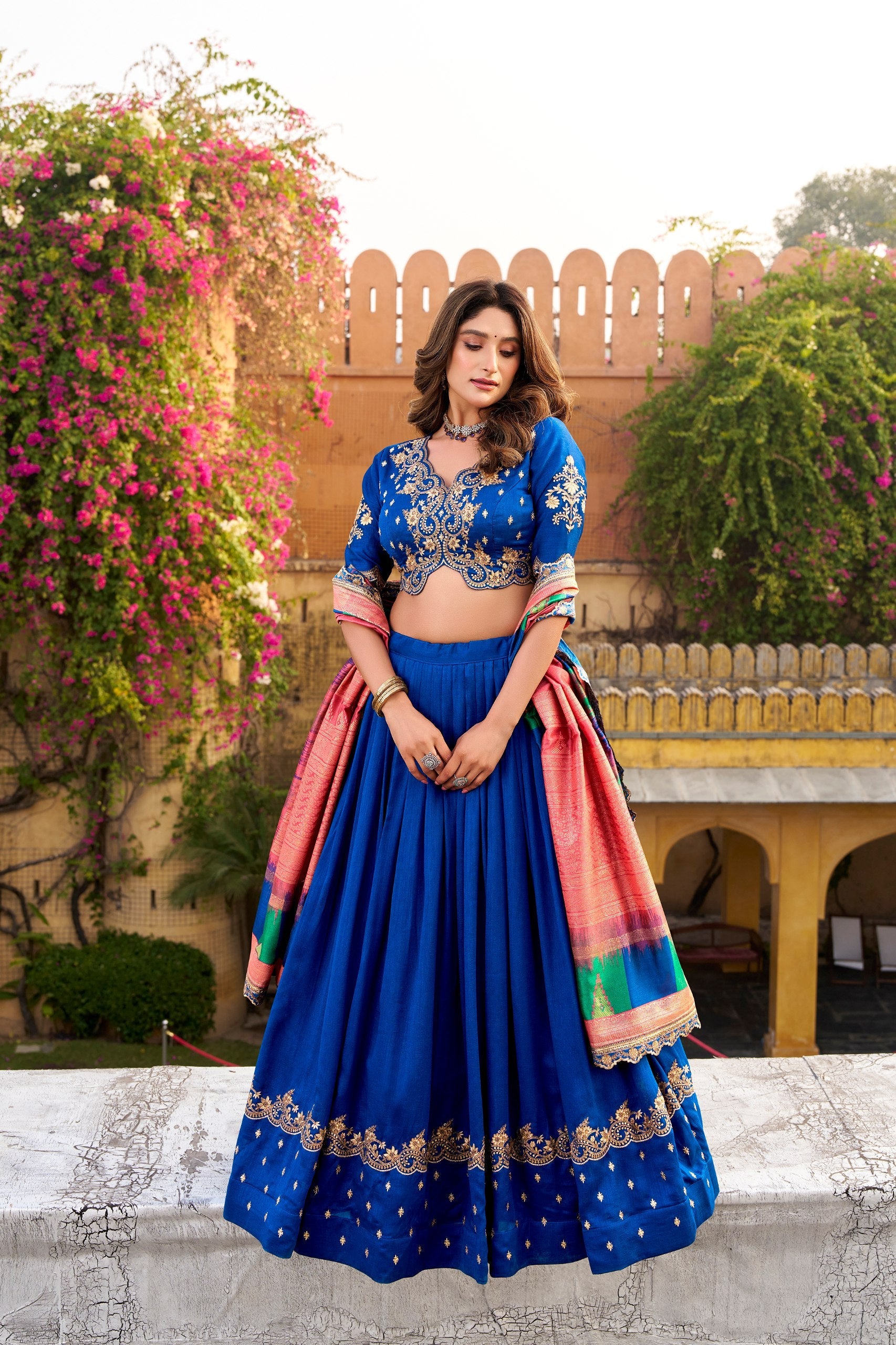 Royal Blue Silk Embroidered Lehenga Set ClothsVilla Main image