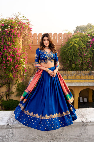 Royal Blue Silk Embroidered Lehenga Set ClothsVilla