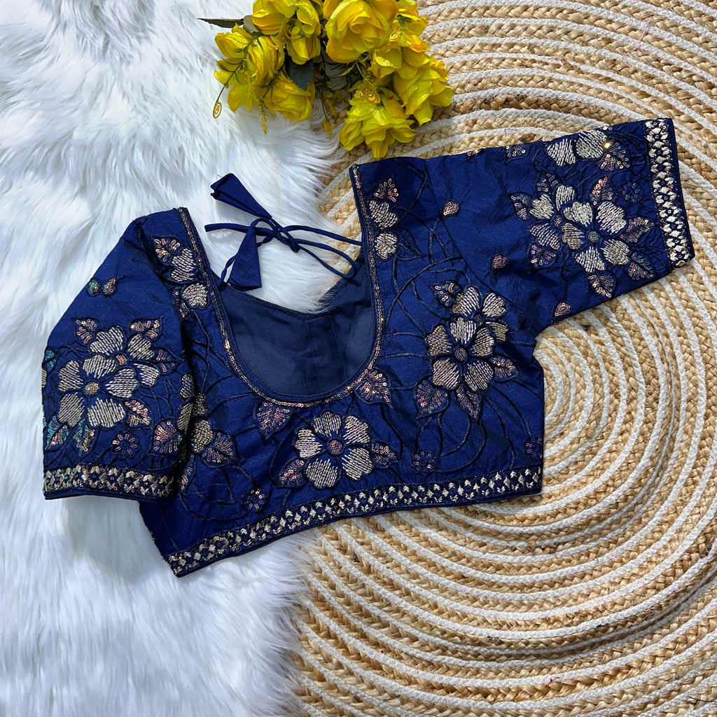 Royal Blue Soft Silk Blouse with Beautiful Embroidery and Sequence Accents ClothsVilla