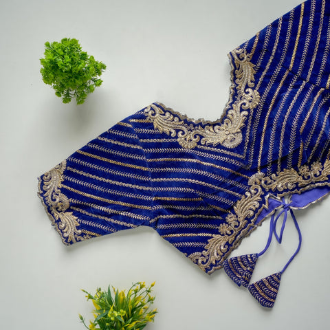 Royal Blue Taffeta Silk Blouse with Golden Embroidery and Sequins ClothsVilla.com Main image