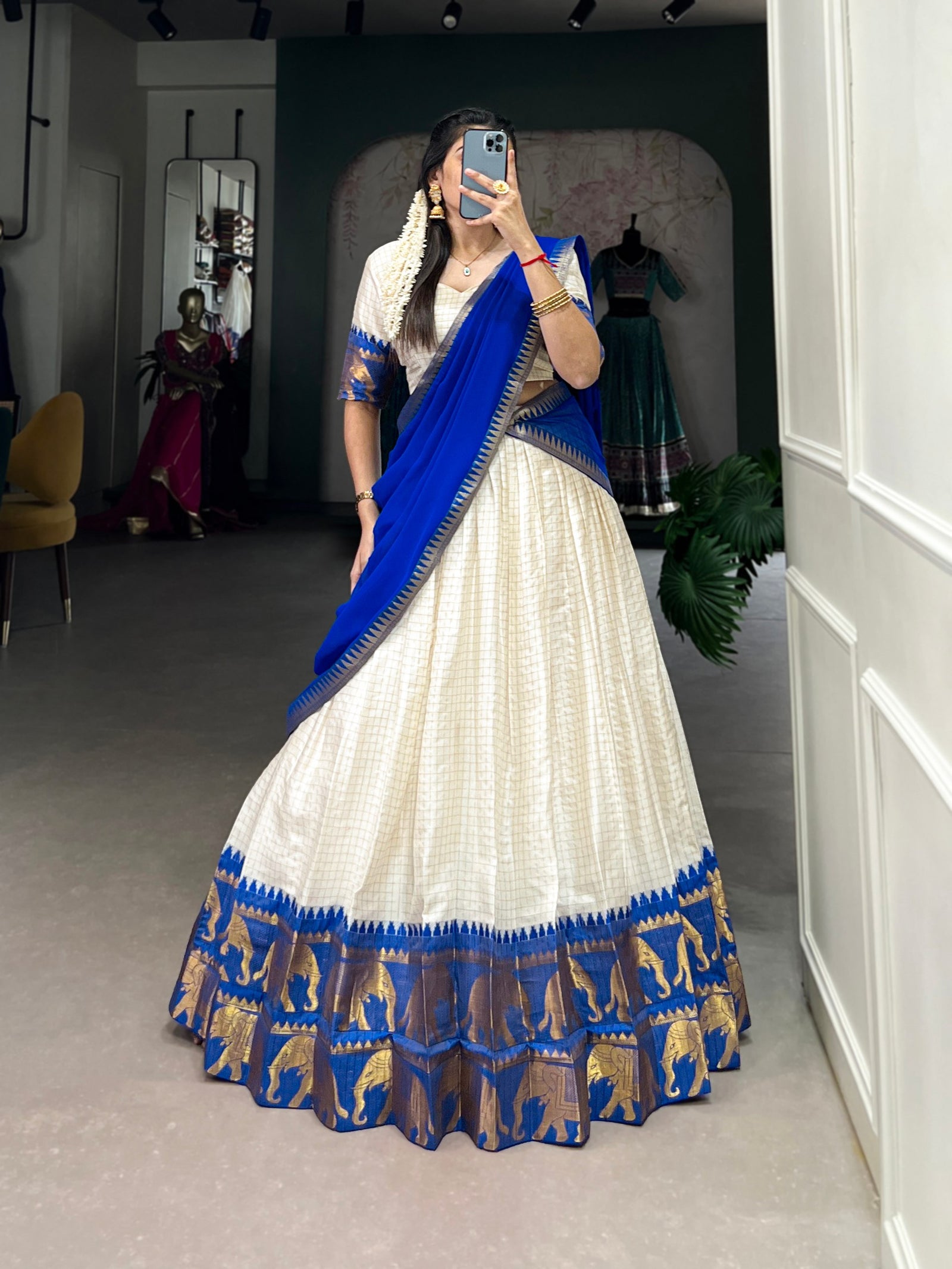 Royal Blue Tradition Kalyani Cotton Lehenga Choli with Zari Weaving & Flowing Georgette Dupatta