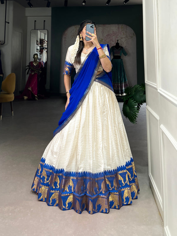 Royal Blue Tradition Kalyani Cotton Lehenga Choli with Zari Weaving & Flowing Georgette Dupatta