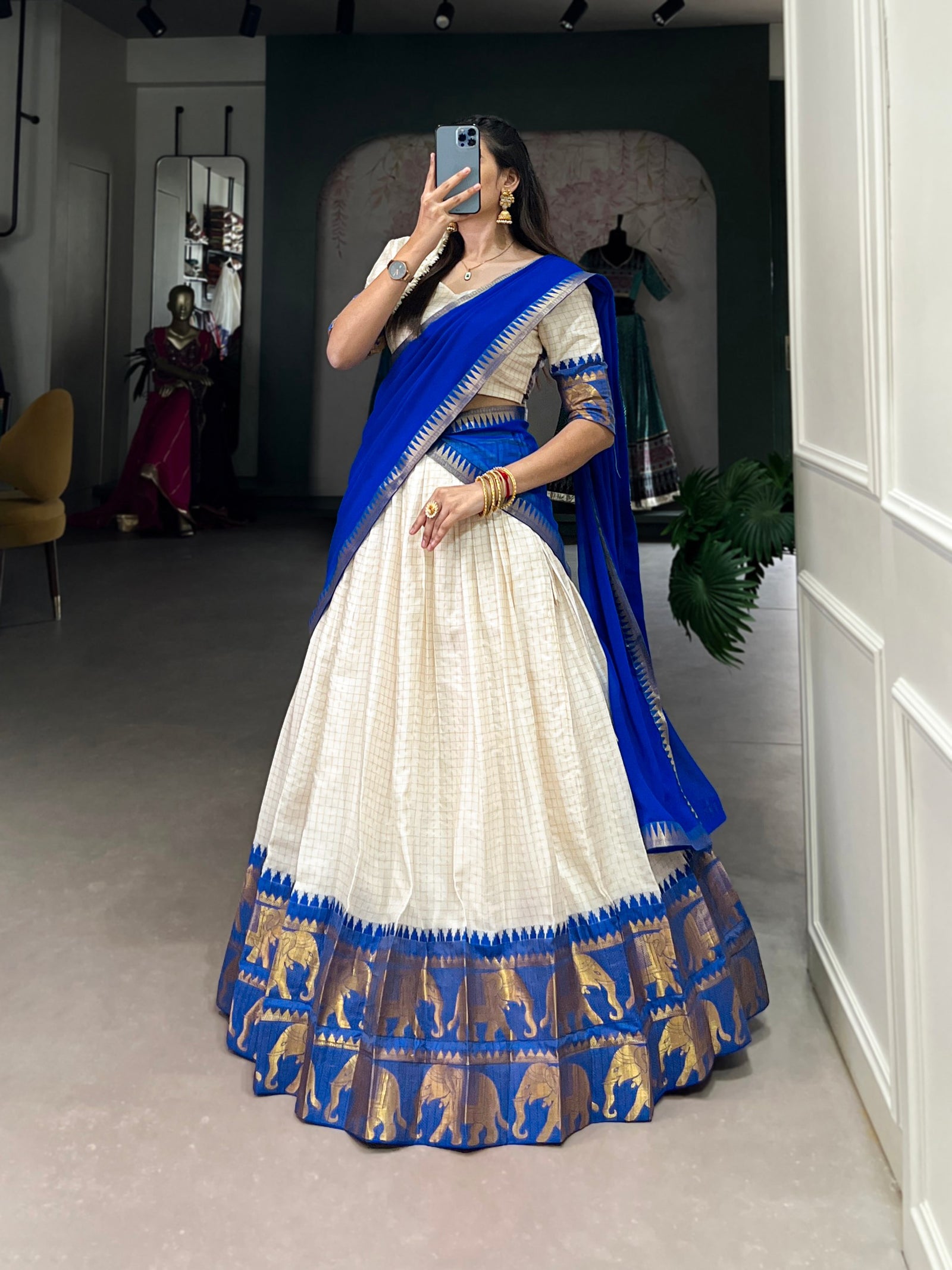 Royal Blue Tradition Kalyani Cotton Lehenga Choli with Zari Weaving & Flowing Georgette Dupatta
