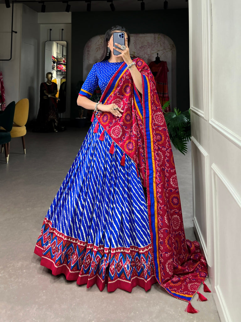 Royal Blue Tussar Silk Lehenga Choli with Leheriya Print, Patola Border & Bandhani Dupatta ClothsVilla