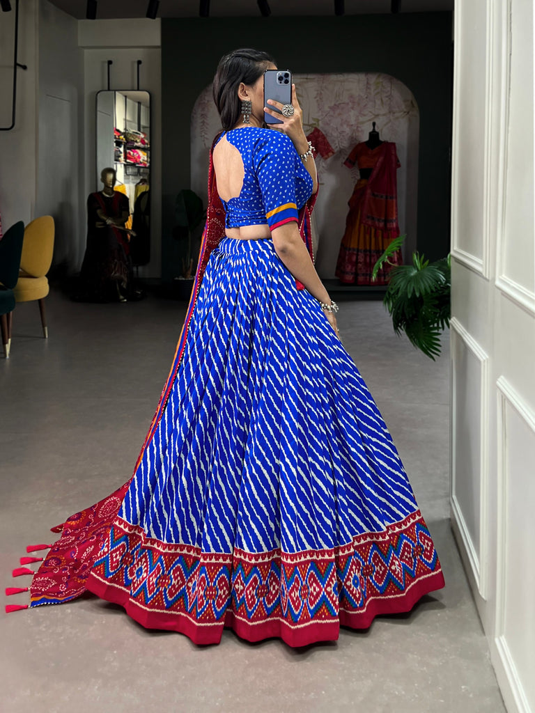 Royal Blue Tussar Silk Lehenga Choli with Leheriya Print, Patola Border & Bandhani Dupatta ClothsVilla