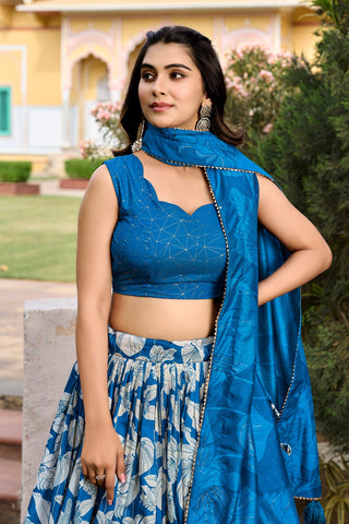 Royal Blue Tussar Silk Printed Lehenga Choli with Foil Work ClothsVilla