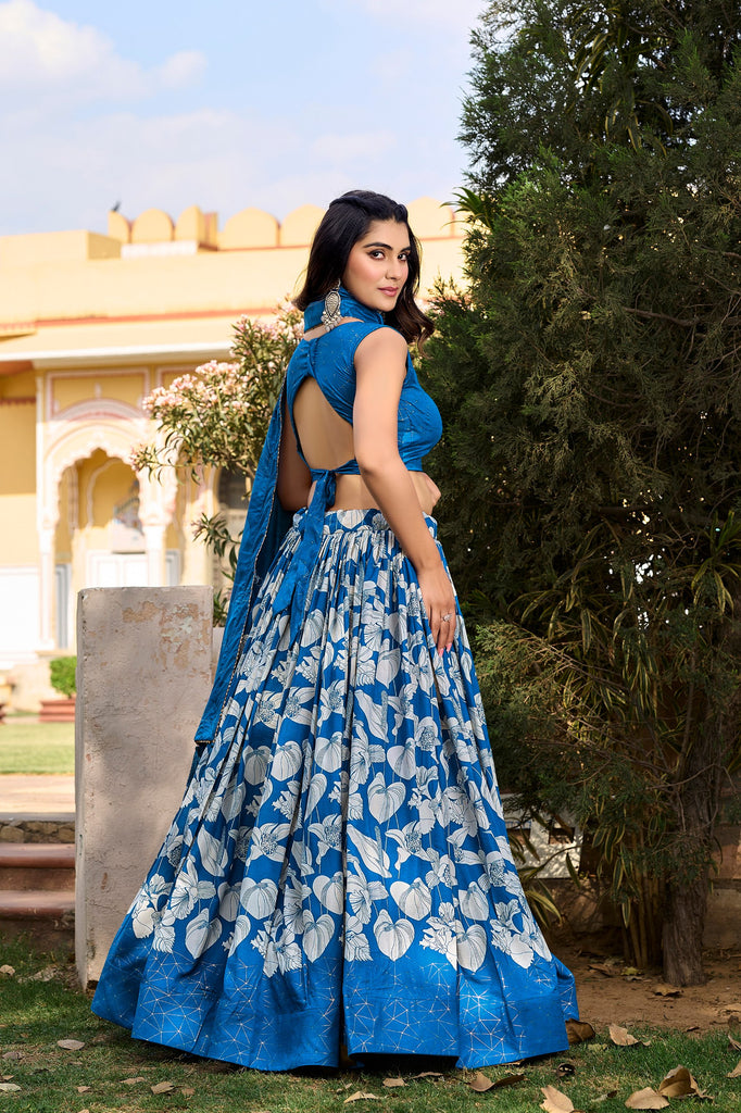 Royal Blue Tussar Silk Printed Lehenga Choli with Foil Work ClothsVilla